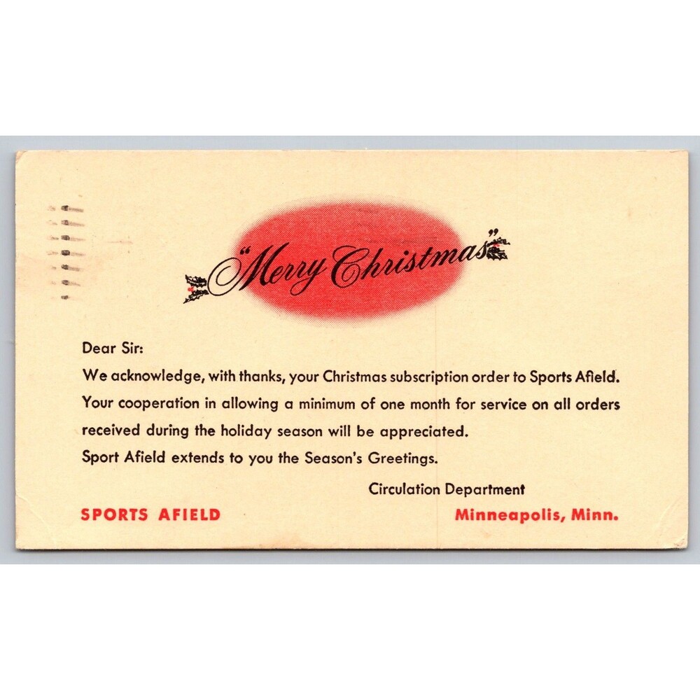 Postcard MN Minneapolis Merry Christmas Sports Afield Subscription Posted 1947